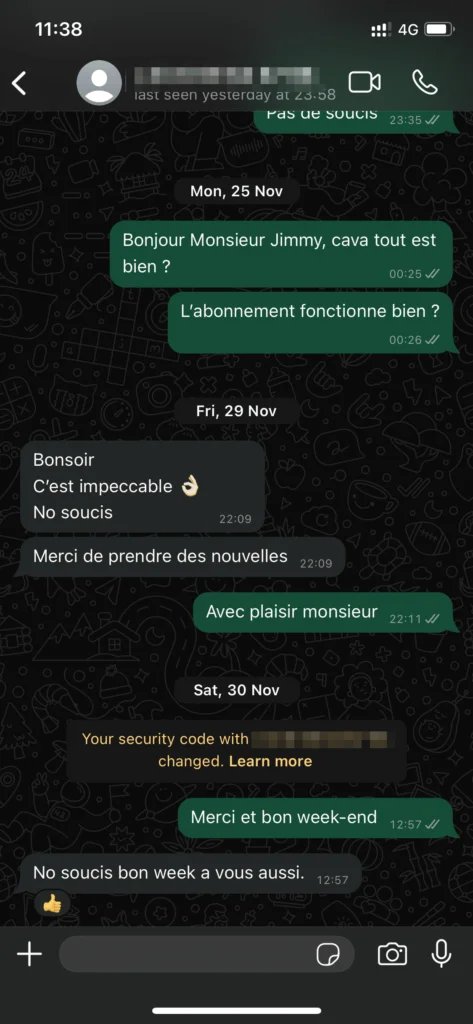 WhatsApp-gesprek: support vraagt een abonnee of het abonnement goed werkt