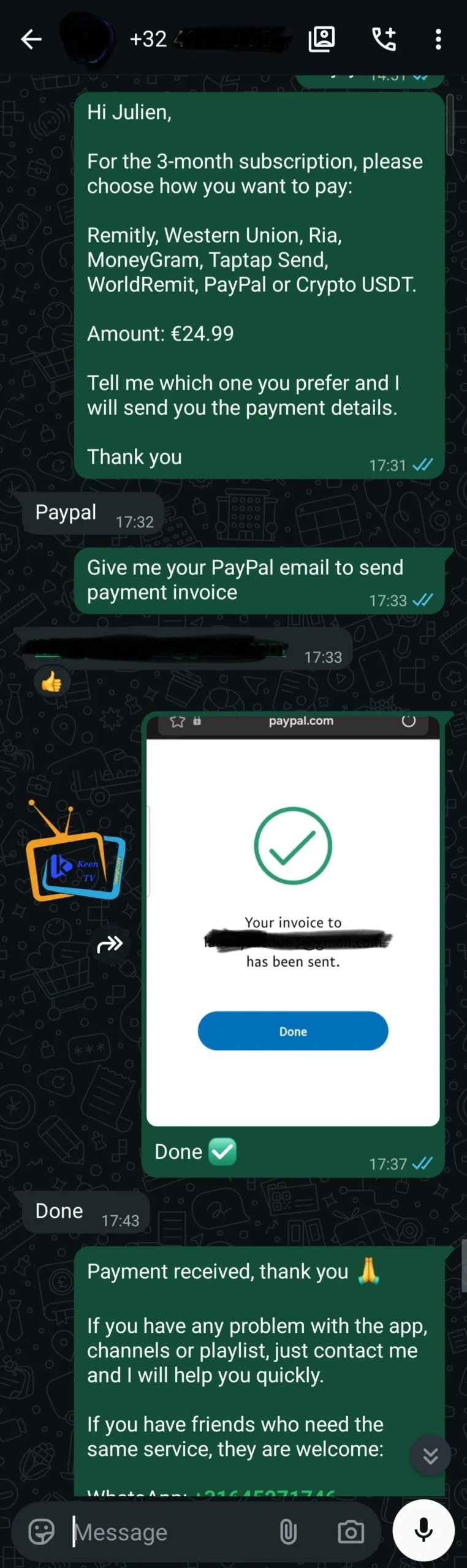 WhatsApp-gesprek: een abonnee kiest een betaalmethode voor een abonnement van 3 maanden