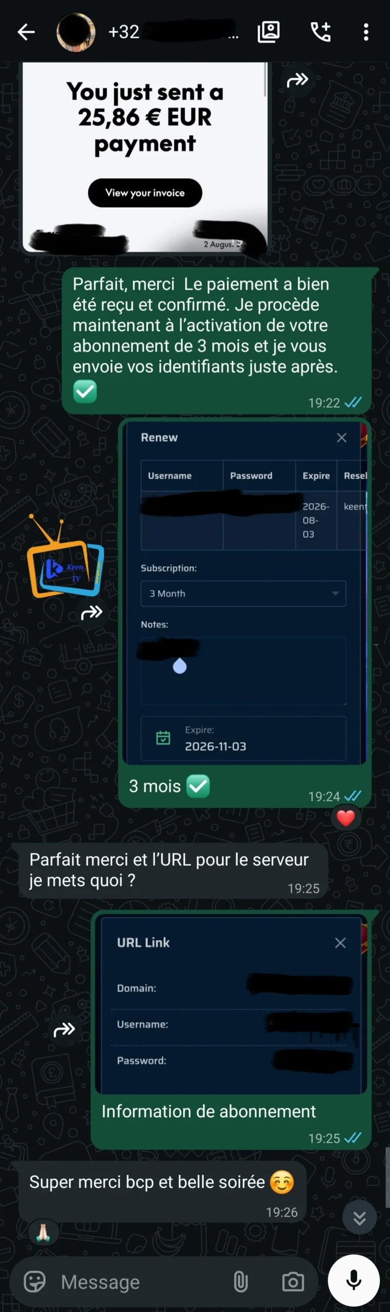 WhatsApp-gesprek: betaling bevestigd en abonnement van 3 maanden geactiveerd