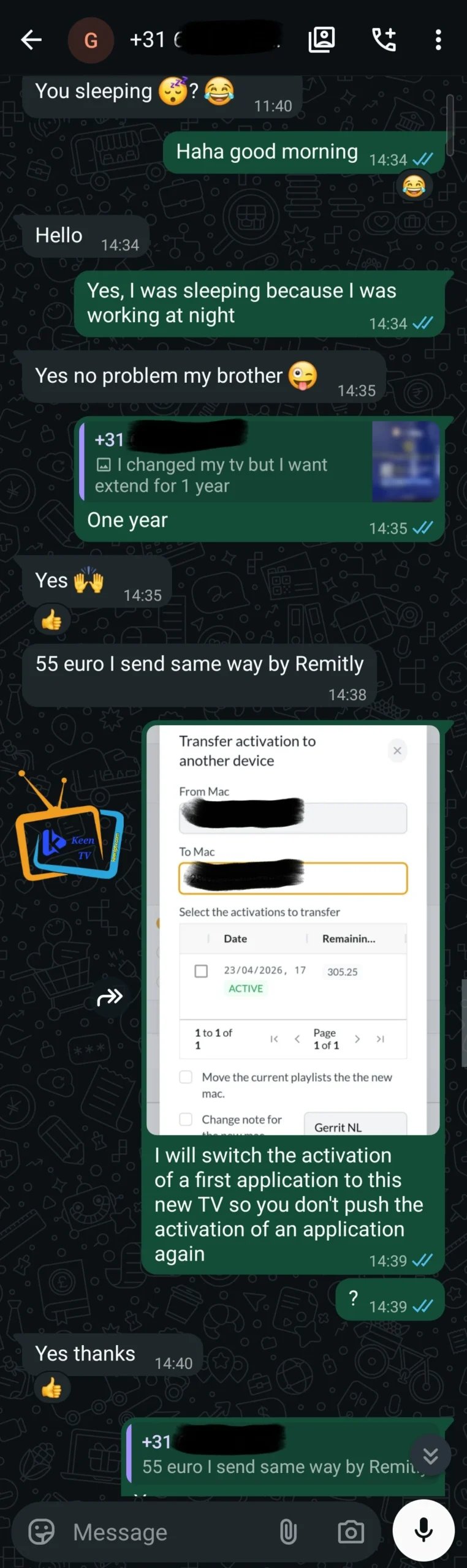 WhatsApp-gesprek: activatie overgezet naar een nieuwe tv en verlengd met een jaar