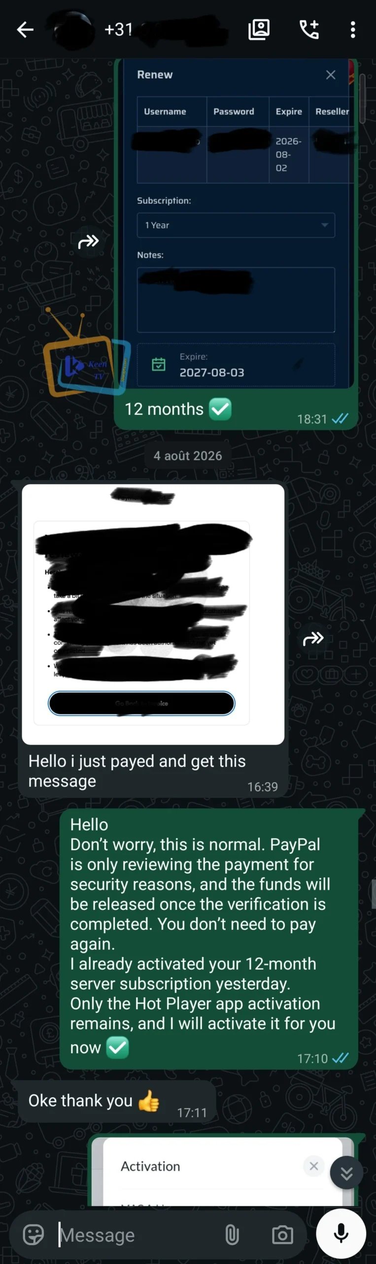 WhatsApp-gesprek: verlenging met 12 maanden en uitleg over een betaling die PayPal nog controleert